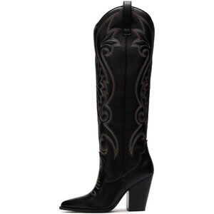 🆕Women Black Knee High Pointed Toe Chunky High Heels Pull-on Embroidered Boots